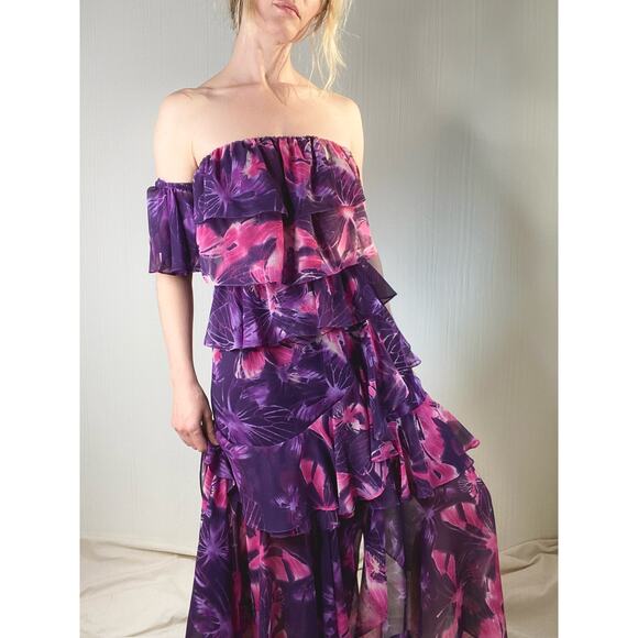 MISA LOS ANGELES Purple Floral Ruffled Off the Shoulder Maxi Dress US MEDIUM - Picture 2 of 15
